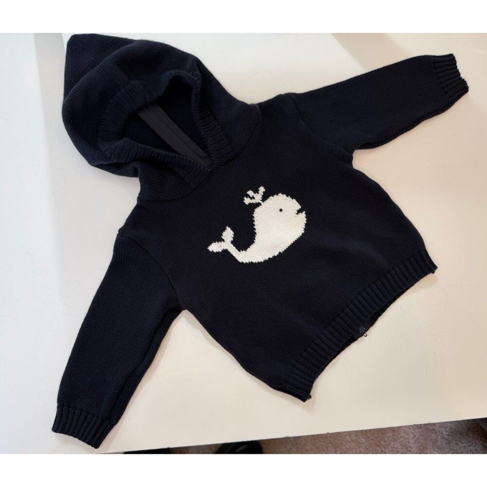 Carriage Boutique Baby Navy Whale Hooded Sweater Zip Back Nautical Knit 6 months